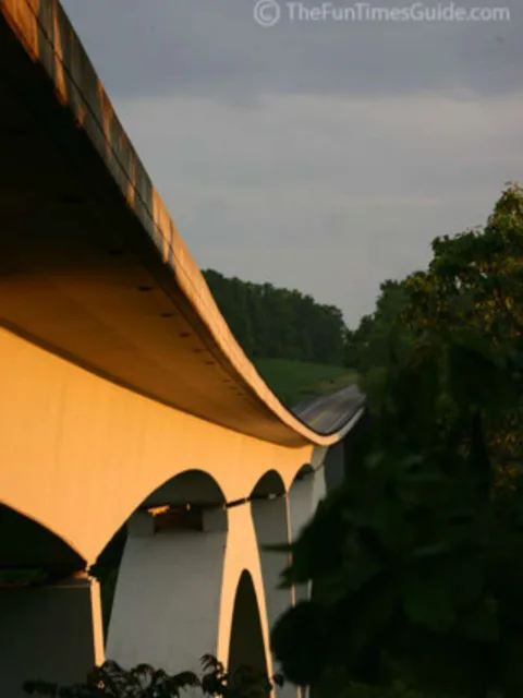 A swoopy view of the Natchez Trace bridge taken from underneath the bride itself.
