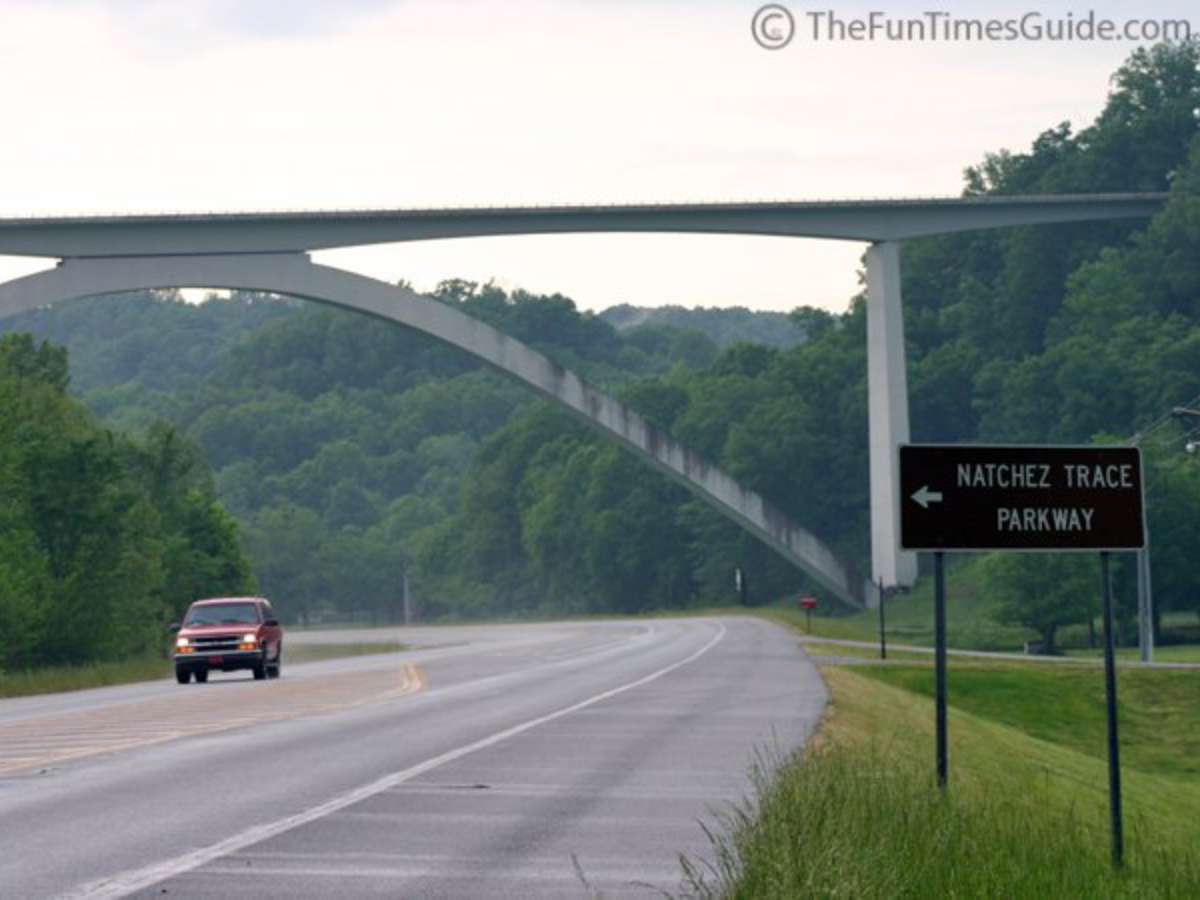 There's a light mist over the Natchez Trace Parkway bridge. 